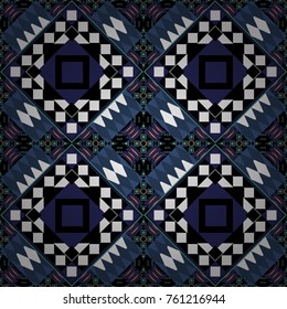 Maximal element tiles geometric seamless pattern in blue, gray and black colors. Seamless background. Vector illustration.