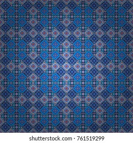 Maximal element tiles geometric seamless pattern in violet, purple and blue colors. Vector illustration. Seamless background.