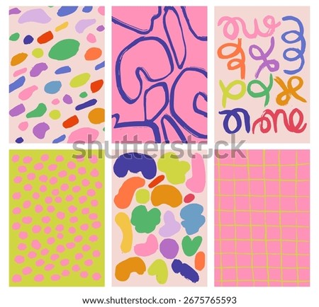Maximalist modern wall art posters set. Abstract bold shapes in doodle bright style in multi colored. Organic shapes, brush textured lines, checkered pattern