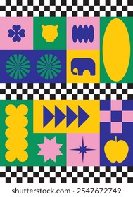  Impressão maximalista, adesivos. Características de design abstrato, círculos e quadrados em cores vivas, criando uma composição geométrica harmoniosa. Pixel Y2k estilo da moda. Modelo Moderno conjunto futurista