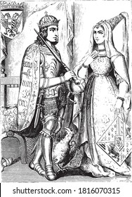 Maximilian and Marie de Bourgogne, Vintage engraving. From Popular France, 1869.