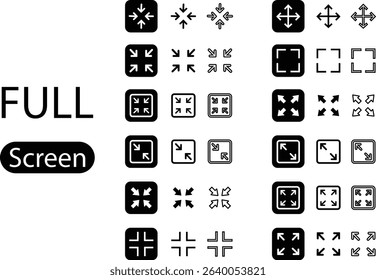 Maximize icon logo design Full Screen Arrow and Exit Screen Icons Black Silhouette flat line set. Minimalist with arrows pointing outward, representing zoom or expand functions in digital interfaces