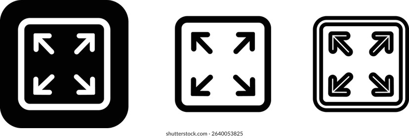 Maximize icon logo design Full Screen Arrow and Exit Screen Icons Black Silhouette flat line set. Minimalist with arrows pointing outward, representing zoom or expand functions in digital interfaces