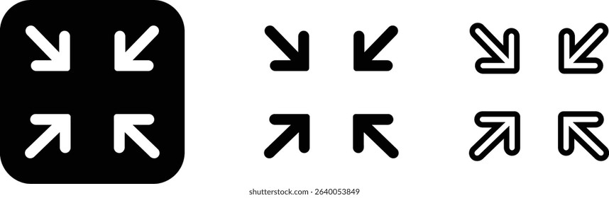 Maximize icon logo design Full Screen Arrow and Exit Screen Icons Black Silhouette flat line set. Minimalist with arrows pointing outward, representing zoom or expand functions in digital interfaces