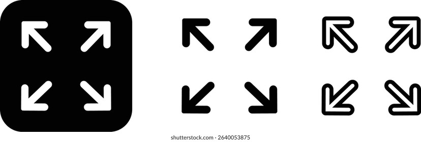 Maximize icon logo design Full Screen Arrow and Exit Screen Icons Black Silhouette flat line set. Minimalist with arrows pointing outward, representing zoom or expand functions in digital interfaces