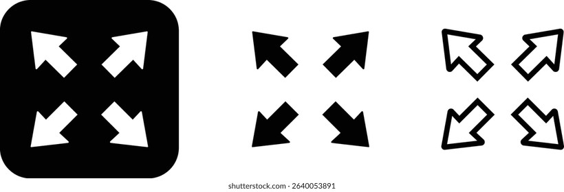 Maximize icon logo design Full Screen Arrow and Exit Screen Icons Black Silhouette flat line set. Minimalist with arrows pointing outward, representing zoom or expand functions in digital interfaces