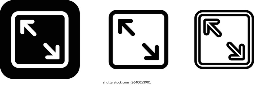 Maximize icon logo design Full Screen Arrow and Exit Screen Icons Black Silhouette flat line set. Minimalist with arrows pointing outward, representing zoom or expand functions in digital interfaces