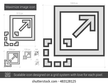 Maximizar imagem ícone de linha de vetor isolado no fundo branco. Maximize o ícone de linha de imagem para infográfico, site ou aplicativo. Ícone escalável projetado em um sistema de grade.