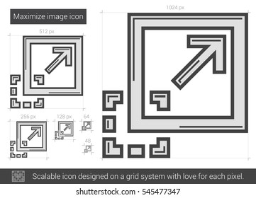 Maximizar el icono de línea vectorial de imagen aislado en fondo blanco. Maximizar el icono de la línea de imagen para infografía, sitio web o aplicación. Icono escalable diseñado en un sistema de cuadrícula.