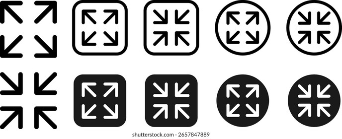 Maximice y minimice el Botón de flecha. Video Pantalla completa y salida de pantalla completa icono para jugador, App, Sitio web, ui. Ilustración vectorial sobre fondo transparente.
