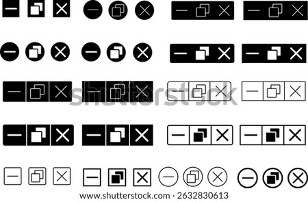Maximize and minimize close window button set. Browser web button icons. Close windows. web button sign. application software navigations basic buttons. typically used application interfaces
