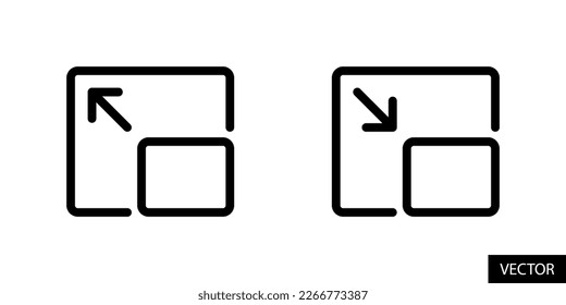 Maximizar o minimizar, expandir o reducir, iconos vectoriales de pantalla completa o minijugador en diseño de estilo de línea para sitio web, aplicación, ui, aislado en fondo blanco. Trazo editable. Ilustración vectorial EPS 10.