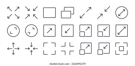 Maximiza y minimiza los botones de pantalla editables iconos de contorno de trazo aislados en la ilustración plana del vector de fondo blanco. Pixel perfecto. 64 x 64.