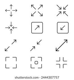 Maximizar y minimizar los Botones de pantalla editables iconos de contorno de trazo establecidos aislados en la Ilustración vectorial plana de fondo blanco. Píxel perfecto