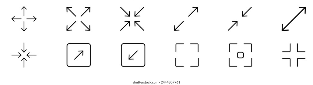 Maximizar y minimizar los Botones de pantalla editables iconos de contorno de trazo establecidos aislados en la Ilustración vectorial plana de fondo blanco. Píxel perfecto