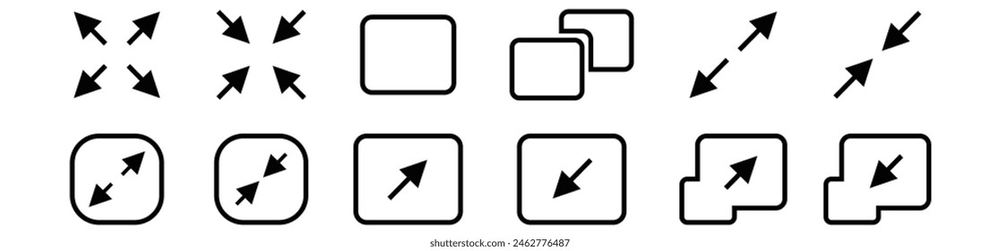 Maximizar y minimizar los Botones de pantalla editables iconos de contorno de trazo establecidos aislados en la Ilustración vectorial plana de fondo blanco.