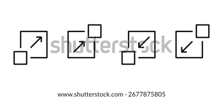Maximize and minimize screen buttons outline icons set. Extend, widen, develop, increase, and scale icon. Decrease narrow vector icon
