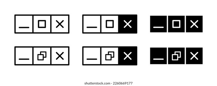 Maximize and minimize vector web buttons. Close, hide app browser symbol. Ui design browser sign