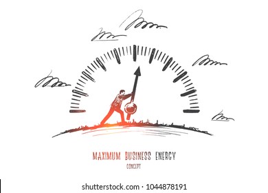 Maximum business energy concept. Hand drawn person makes the most of the effort. Businessman working hard isolated vector illustration.