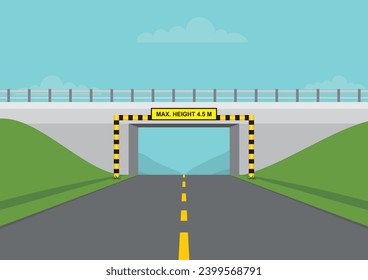 Maximum height of allowed vehicle passing under the bridge safety sign and portal vector illustration. Safety sign on the highway road.