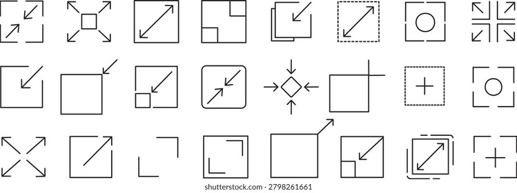 Maximum and Minimum Line Icon Set. Outline Pixel Perfect Editable Stroke Icons Collection for Scaling, Zoom, Size, Expand, Reduce, and Adaptability for dashboard interface and data analysis designs