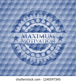 Maximum Motivation blue emblem or badge with abstract geometric polygonal pattern background.
