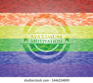 Maximum Motivation emblem on mosaic background with the colors of the LGBT flag
