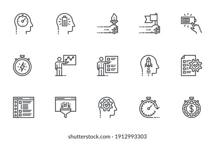 Maximum Performance. Personal Productivity, Workflow Automation, Proactive Personality, Productive Workflow. Set of Vector Line Icons. Editable Stroke. Pixel Perfect.