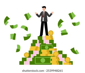 Maximum salary, man on top of the money mountain. Vector simple color flat illustration.