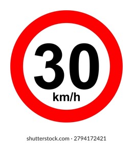 Maximum speed 30 kmh limit traffic road sign displaying safety regulatory symbol icon for street driving navigation automotive infographic presentation illustration element clip art.