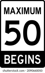Maximum speed limit begins 50 on road sign. Traffic signs and symbols.