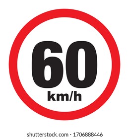 Signo del límite de velocidad máximo 60 km/h. Icono de símbolo de carretera aislado sobre fondo blanco.