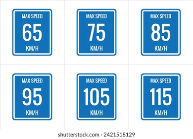 Signo del límite de velocidad máximo 65 kmh, 75, 85, 95, 105, 115 Kmh, icono de signo en la ilustración del vector de fondo blanco.