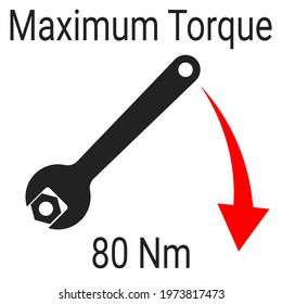 Maximum torque momentum sign. Open-end wrench tightening the nut with the direction of force. Vector logo for technical instruction that controls the maximum allowable torque. Nut tightening direction