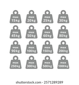 Maximum weight in kilograms icon set. Max kg load capacity vector icons.