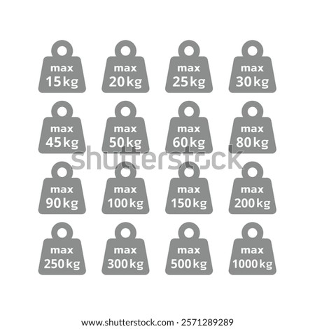 Maximum weight in kilograms icon set. Max kg load capacity vector icons.