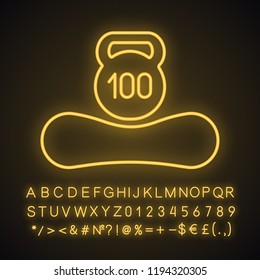 Maximum weight limit up to 100 kg neon light icon. Mattress weight recommendation per person of hundred kilograms. Glowing sign with alphabet, numbers and symbols. Vector isolated illustration