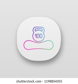 Maximum weight limit up to 100 kg app icon. Mattress weight recommendation per person of hundred kilograms. Suitable mass. Mattress and kettlebell. UI/UX user interface. Vector isolated illustration