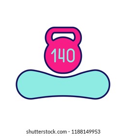Maximum weight limit up to 140 kg color icon. Mattress weight recommendation per person of hundred and forty kilograms. Sleeper suitable mass. Mattress and kettlebell. Isolated vector illustration