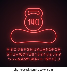 Maximum weight limit up to 140 kg neon light icon. Mattress weight recommendation per person of hundred and forty kilograms. Glowing sign with alphabet, numbers. Vector isolated illustration
