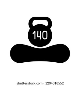 Maximum weight limit up to 140 kg glyph icon. Silhouette symbol. Mattress weight recommendation per person of hundred and forty kilograms. Mattress and kettlebell. Vector isolated illustration