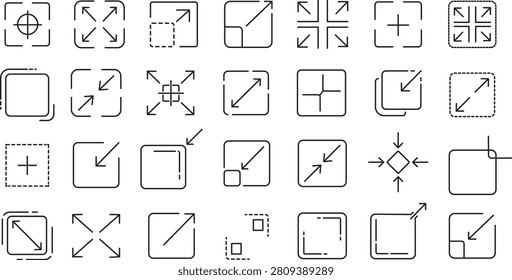 Maxisize and minisize line icon set. Web interface button template containing a minimum and maximum line icon. Maximum and minimum size vector illustration.
