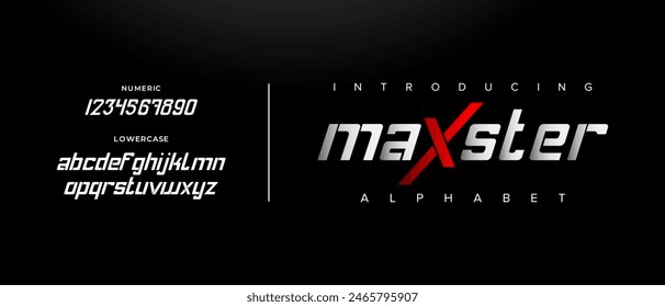 Maxster creative simple modern urban alphabet font. Digital abstract futuristic, logo, music, sport, minimal technology typography. Simple numeric vector illustration