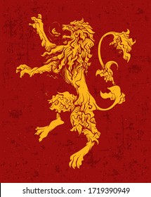 MAY 01, 2020: Heraldic symbol Game of Thrones house Lannister. Golden lion sign. Great Houses of Westeros. A Song of Ice and Fire heraldry. Animal logo. Vintage background. Vector icon. 