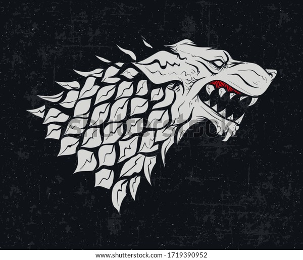 MAY 01,\
2020: Heraldic symbol Game of Thrones house Stark. White wolf sign.\
Great Houses of Westeros. A Song of Ice and Fire heraldry. Animal\
logo. Vintage background. Vector icon.\
