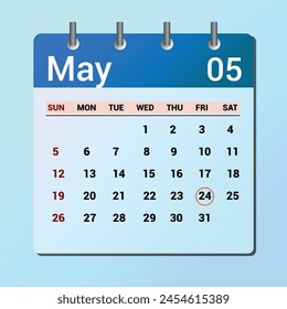 1 de mayo. Calendario de icono plano aislado sobre fondo azul. Ilustración vectorial de fecha y mes