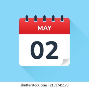 May 02, second day of the month. Vector flat design of daily calendar icon. Date and day of the year.