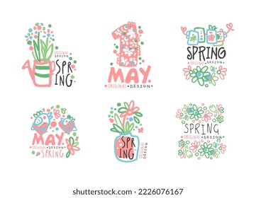 Juego de insignias del 1 de mayo. Etiquetas dibujadas a mano en primavera brillante, ilustración vectorial del Día Internacional del Trabajo