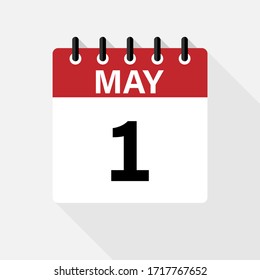 Mayo - 1 Icono del calendario. Icono de calendario con sombra. Estilo plano. Fecha, día y mes.