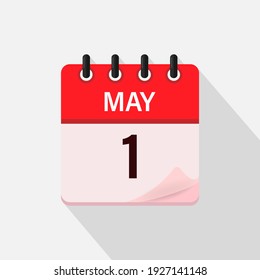 May 1, Calendar icon with shadow. Day, month. Flat vector illustration.